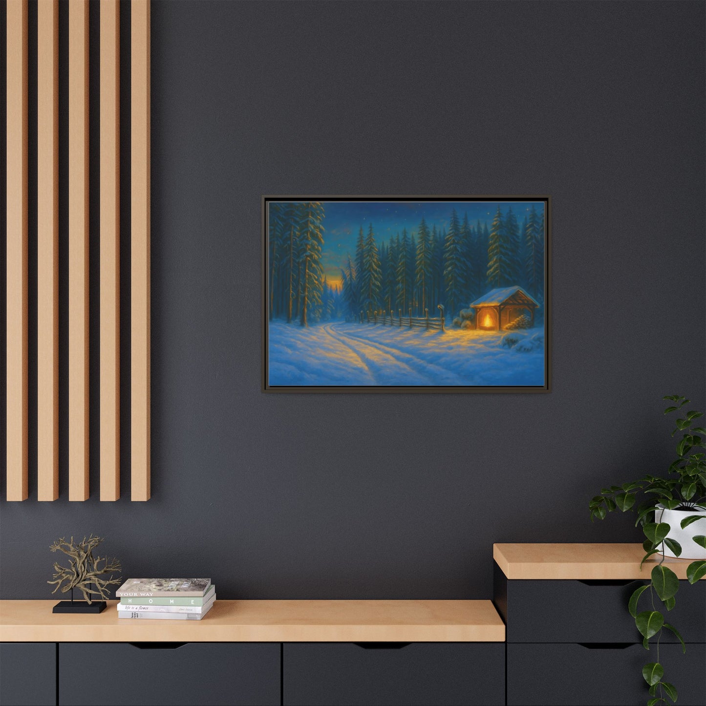 Cozy winter cabin matte framed canvas wall art featuring a snowy forest scene during evening, by Printify.
