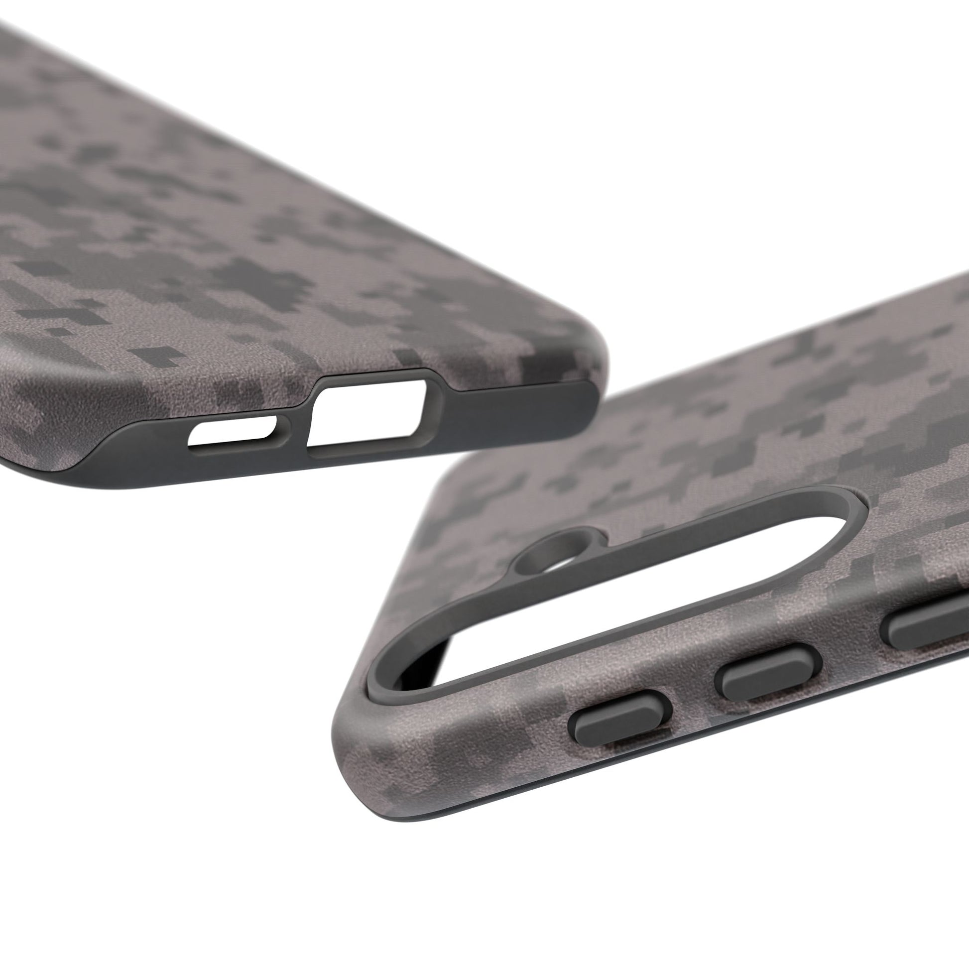 Gray digital camouflage phone case by Printify, showcasing a tough protective cover with a modern camo design.