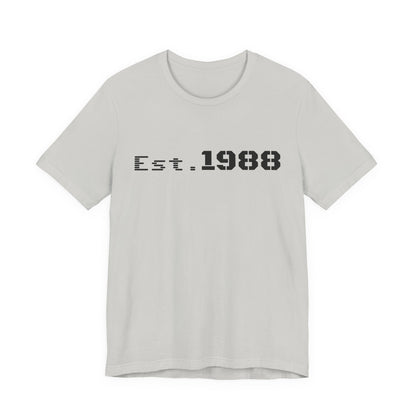 Black retro logo t-shirt by Printify, featuring "Est. 1988" print on front, casual cotton tee with vintage style.