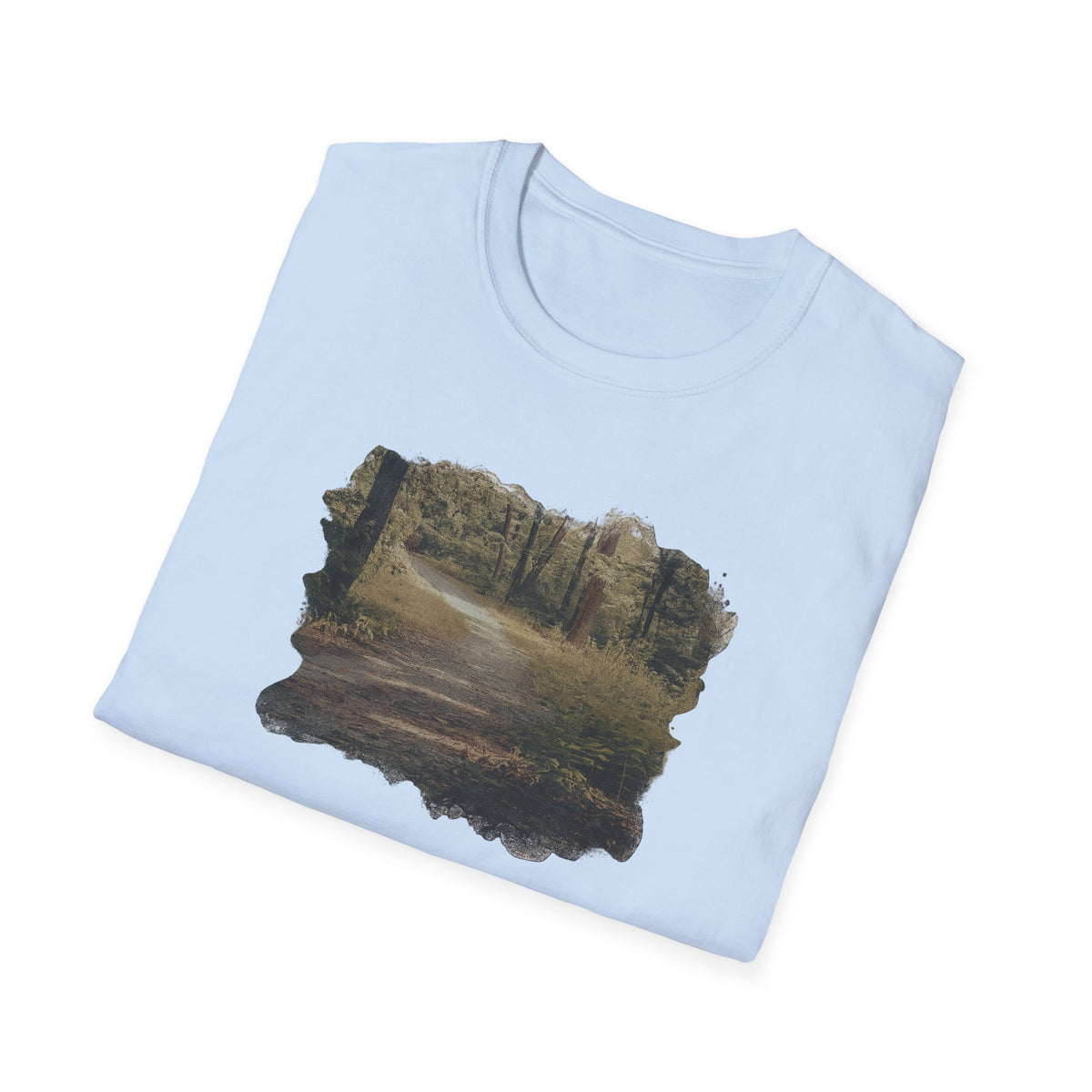 Vintage forest landscape T-shirt by Printify featuring a nature pathway design on a casual cotton tee.