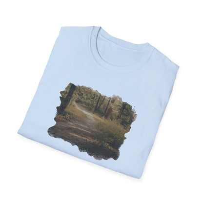 Vintage forest landscape T-shirt by Printify featuring a nature pathway design on a casual cotton tee.