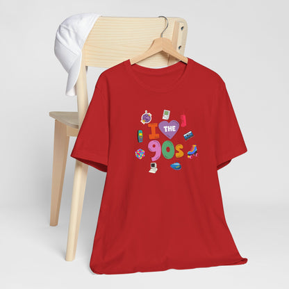 I  Love the 90's Short Sleeve Tee - Retro Graphic Tee, Vintage Style Shirt, Perfect for Casual Outings, 90s Nostalgia Apparel