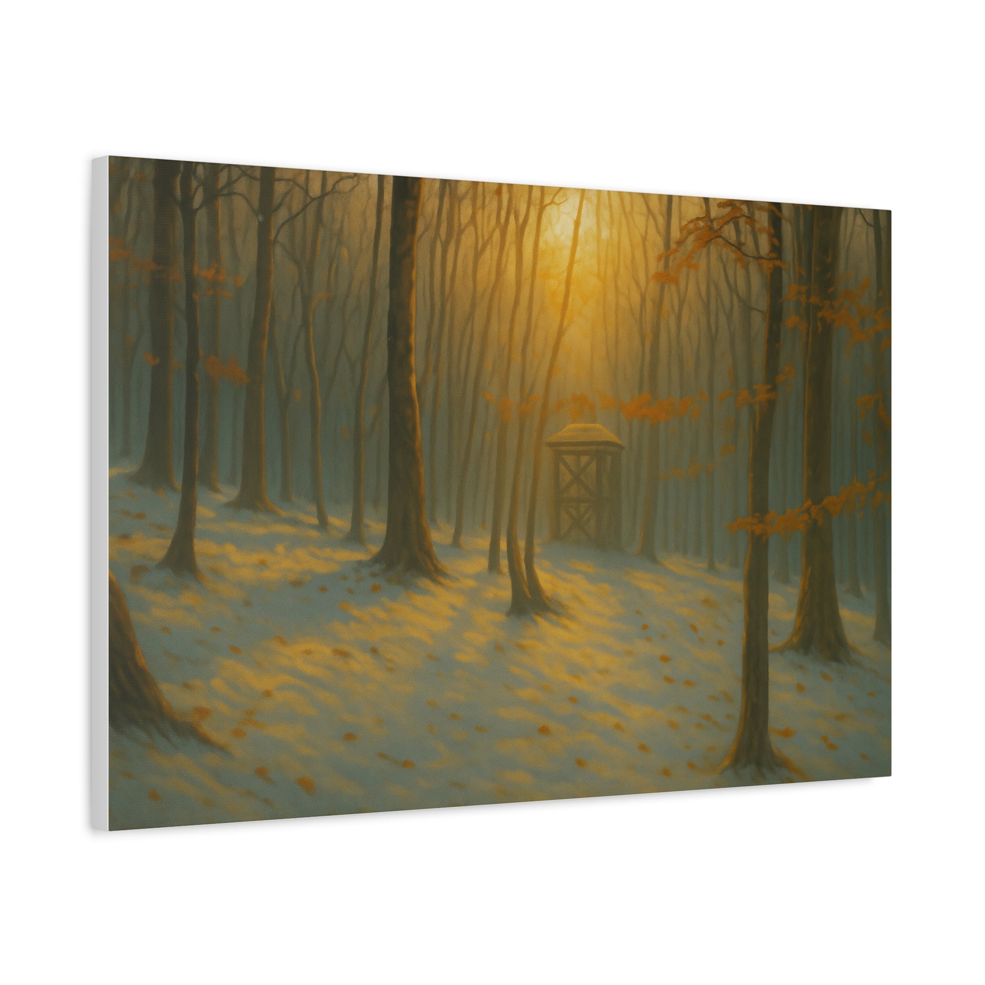 Matte stretched canvas print of Misty Forest Sunrise artwork by Printify, featuring a serene forest scene at dawn.
