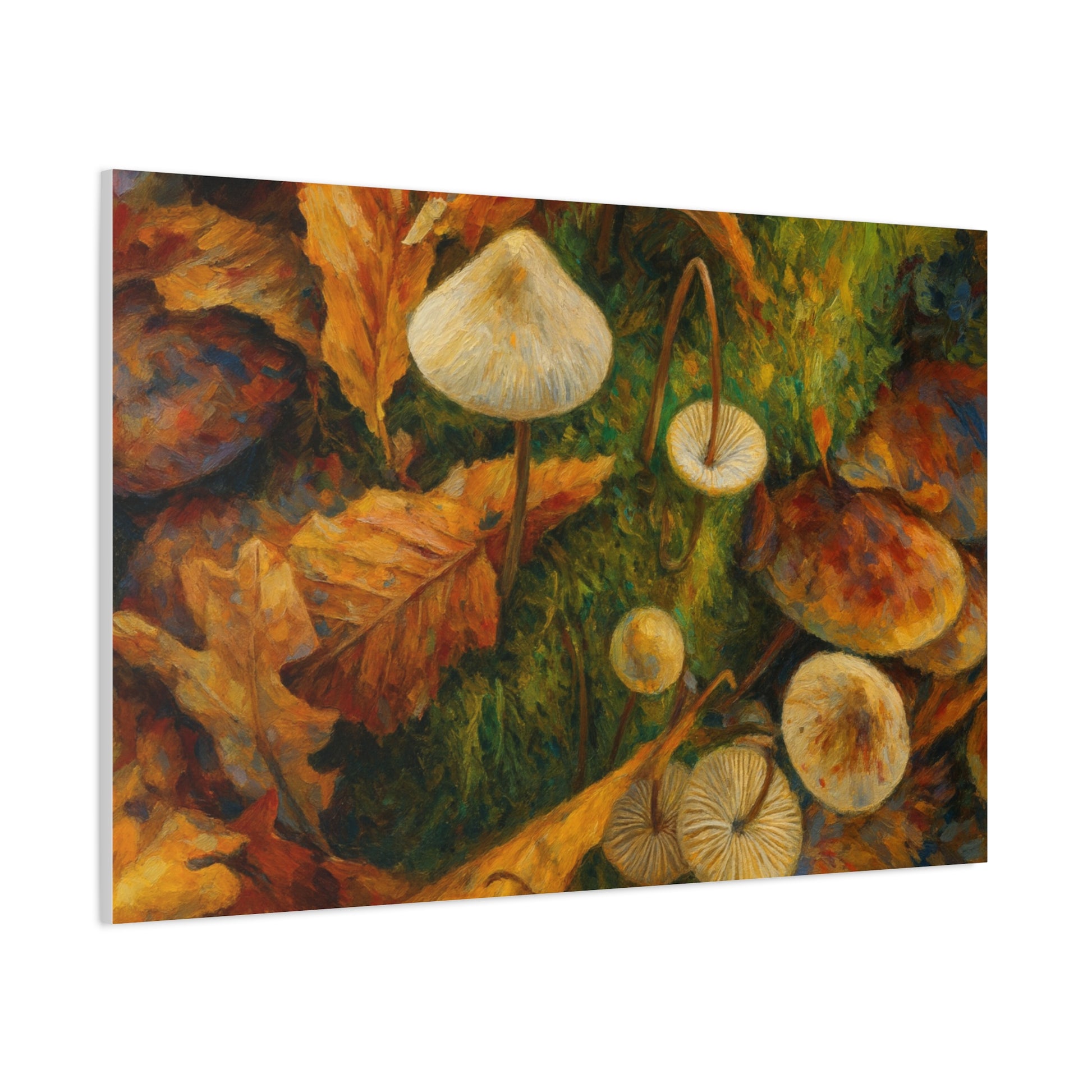 Autumn Mushrooms Canvas print by Printify showing a detailed image of colorful mushrooms on canvas art.