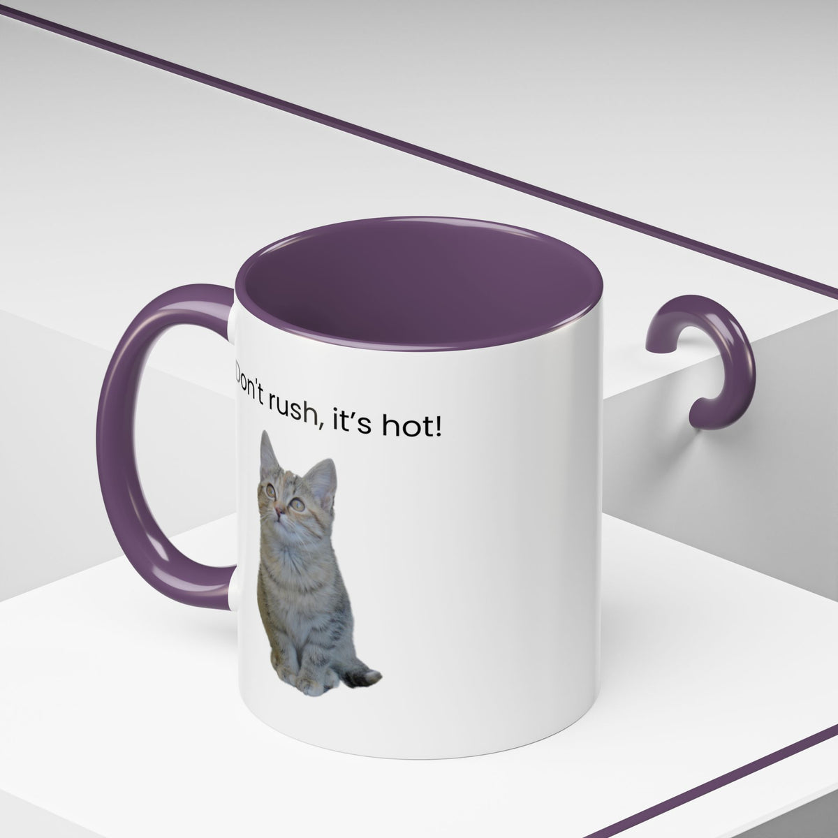 Ceramic cat coffee mug with "Don't rush, it's hot!" message, 11 oz, featuring a playful cat design on a white background.