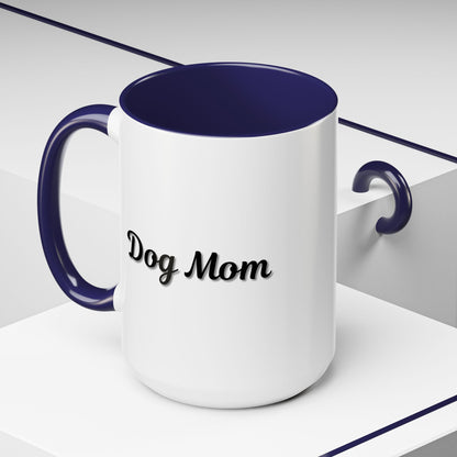Dog Mom Accent Coffee Mug — white ceramic coffee mug with retro script "Dog Mom" print, colored interior and C-handle, 11oz/15oz, side profile view
