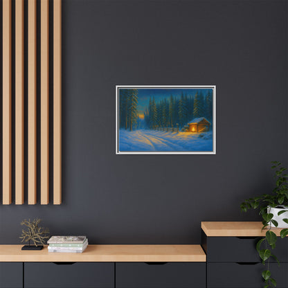 Cozy winter cabin matte framed canvas wall art featuring a snowy forest scene during evening, perfect for winter decor.