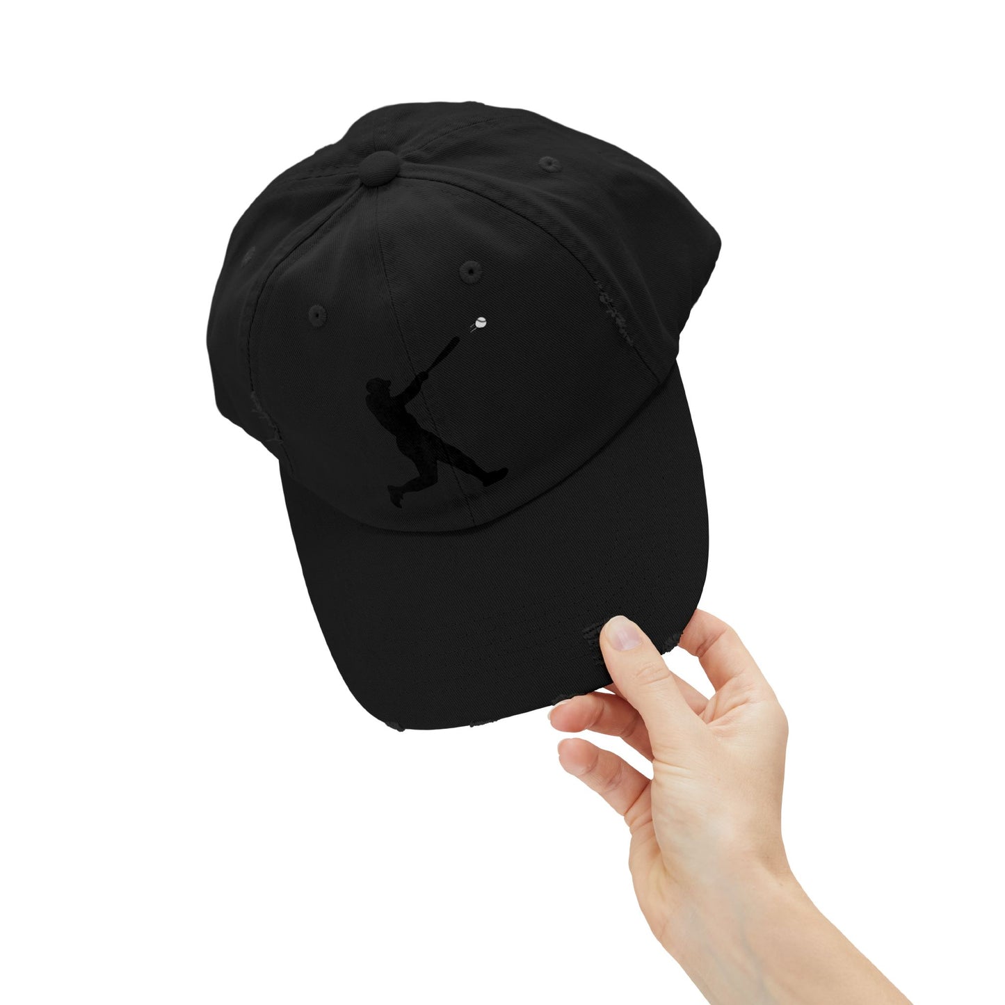 Distressed baseball cap featuring silhouette batter design, casual hat by Printify with worn vintage style and adjustable strap.