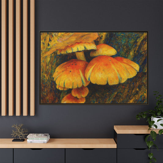 Framed matte canvas wall art featuring a golden mushroom forest print by Printify, showcasing vibrant forest imagery.