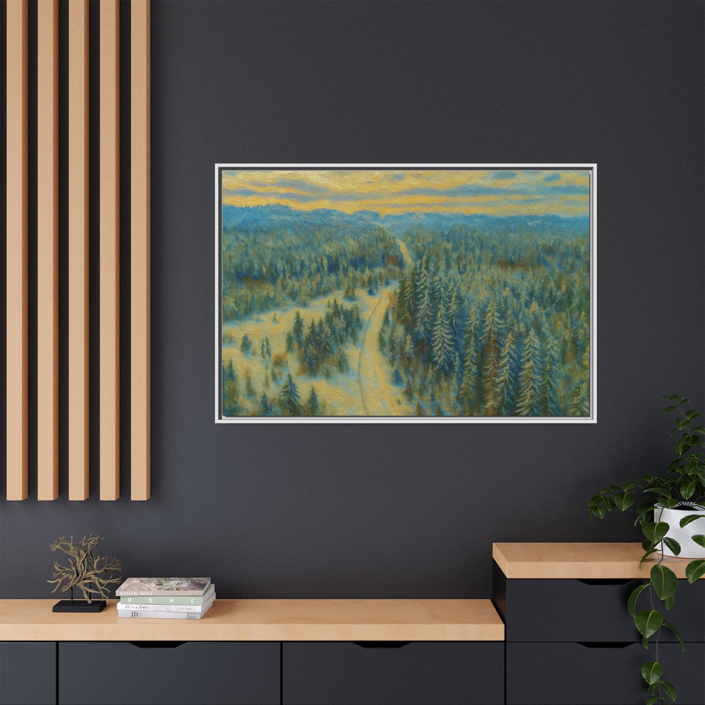 Framed matte canvas print of a serene winter forest landscape by Printify, showcasing snow-covered trees and peaceful winter scenery.