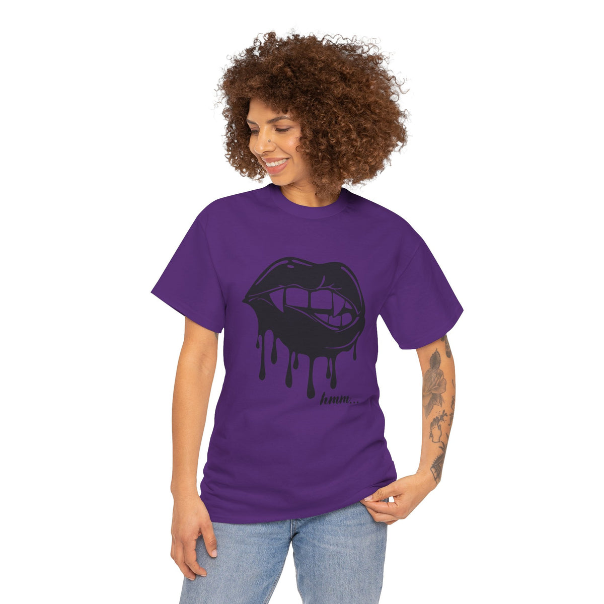 Black graphic T-shirt by Printify featuring a dripping lips 'hmm...' bite design on the front.