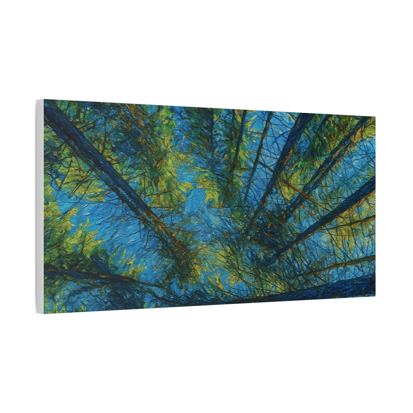 Forest Canopy Matte Canvas Wall Art — Upward View of Trees, Blue & Green Nature Print