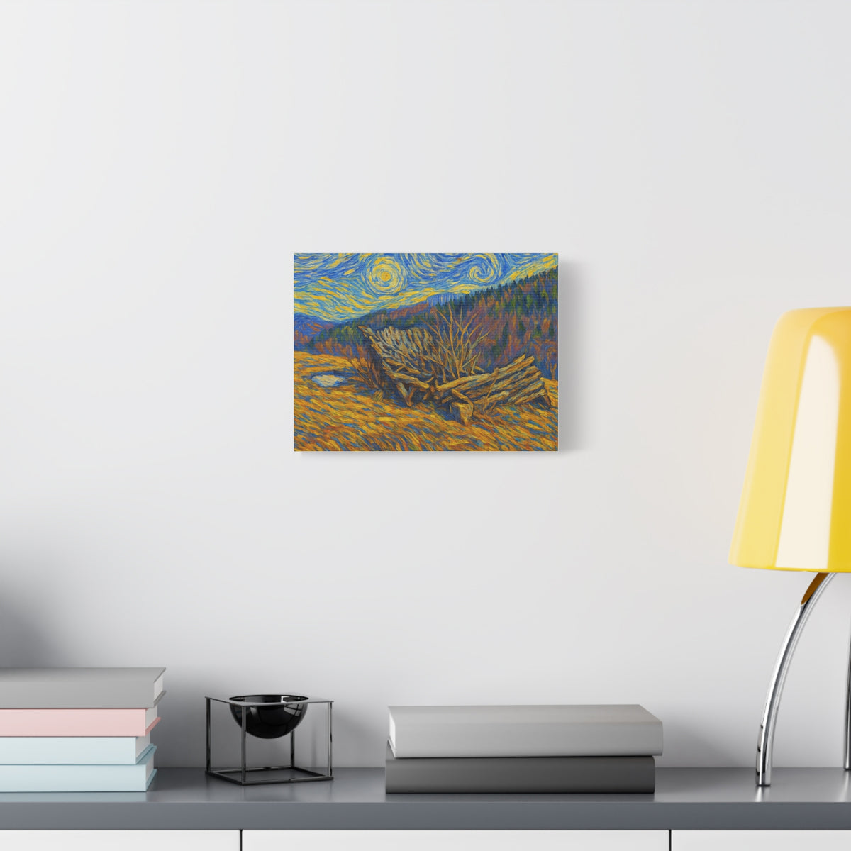 Impressionist Starry Landscape canvas print by Printify featuring a night sky with stars and a scenic landscape in vibrant colors.