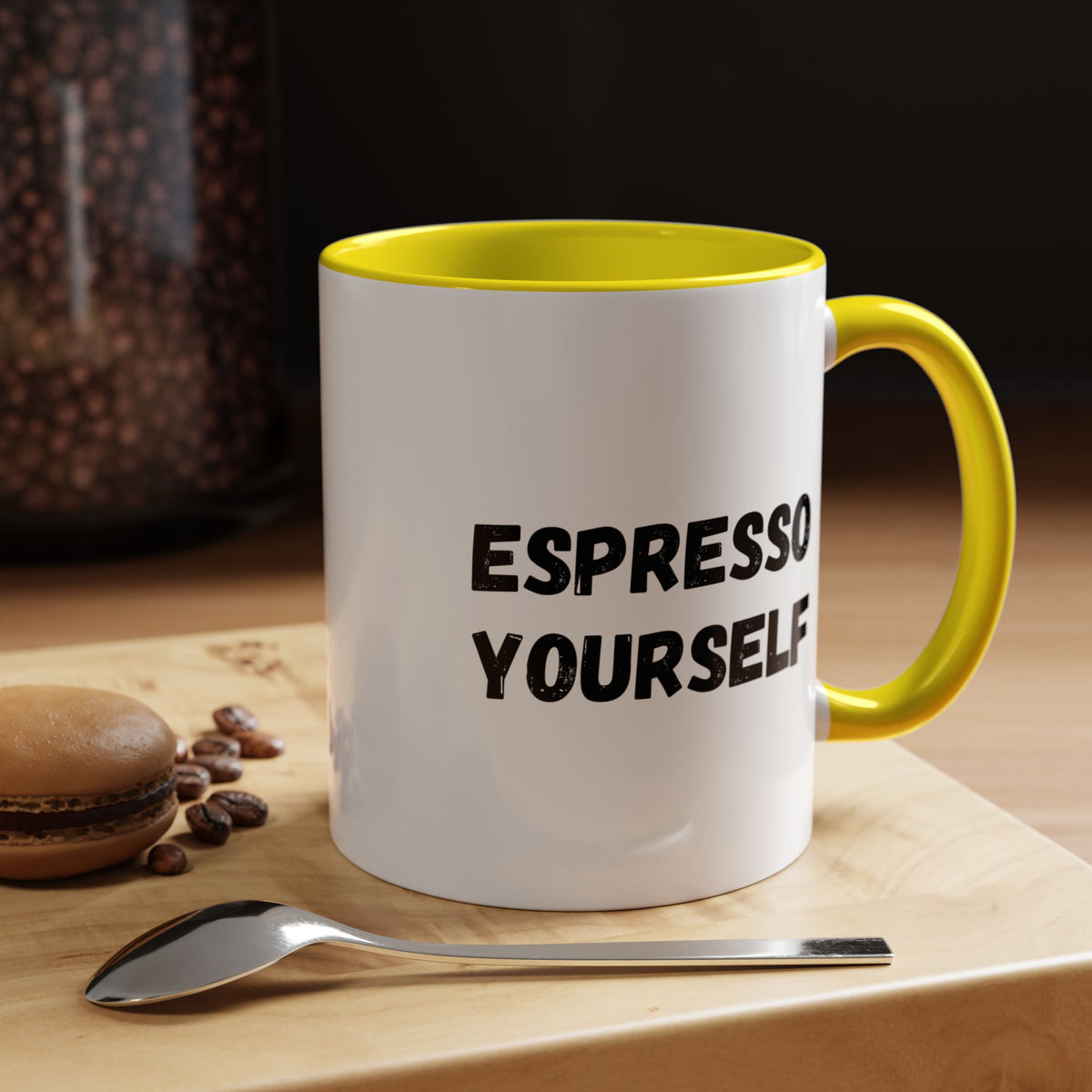 White ceramic Espresso Yourself coffee mug with humorous text, 11 oz size, perfect for coffee lovers.