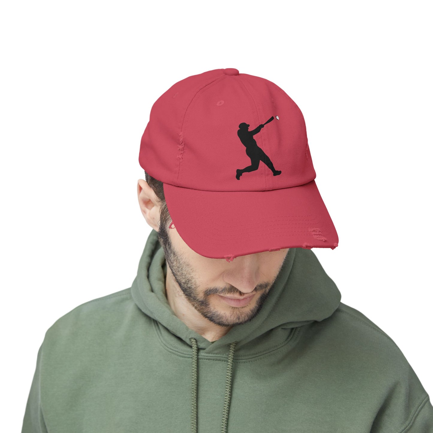 Distressed baseball cap with silhouette batter design, casual hat style by Printify, showcasing a worn look and sports-themed graphic.
