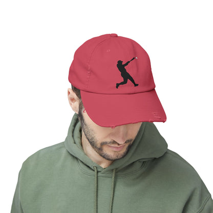 Distressed baseball cap with silhouette batter design, casual hat style by Printify, showcasing a worn look and sports-themed graphic.