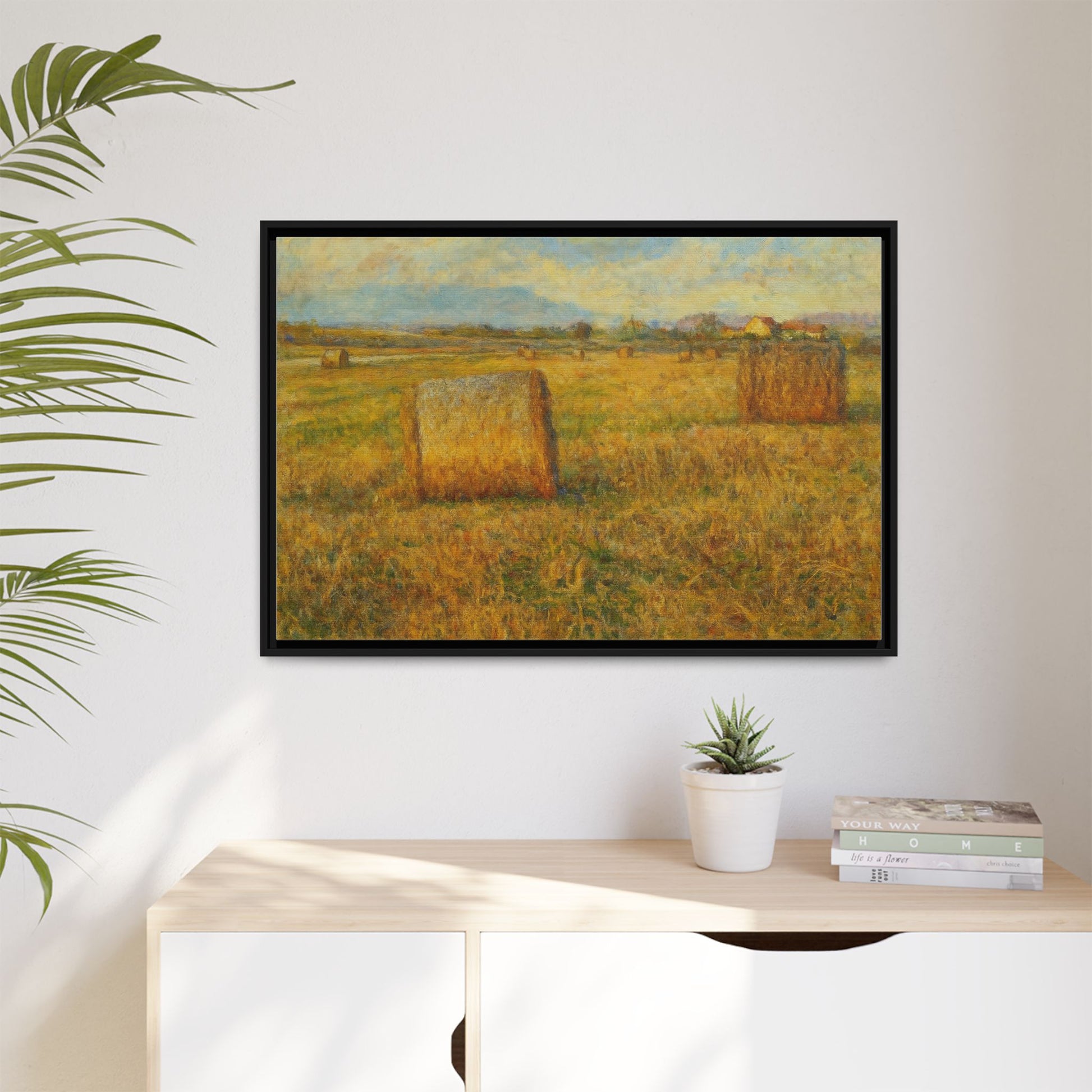 Framed rustic hayfield landscape canvas wall art by Printify, featuring a serene rural scene on matte canvas.