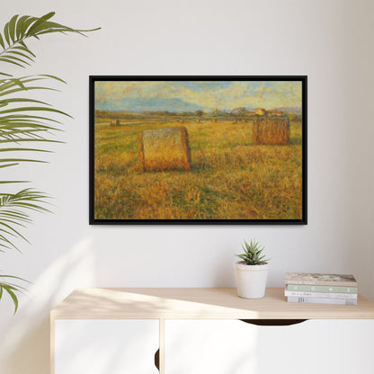 Framed rustic hayfield landscape canvas wall art by Printify, featuring a serene rural scene on matte canvas.
