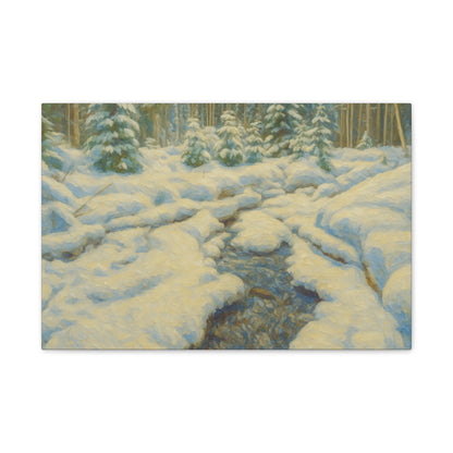 Snowy forest stream winter landscape canvas wall art by Printify showing a serene snowy forest scene with a flowing stream.