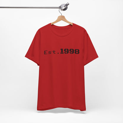 Vintage Est. 1998 T-Shirt by Printify featuring a graphic design celebrating the year of birth.