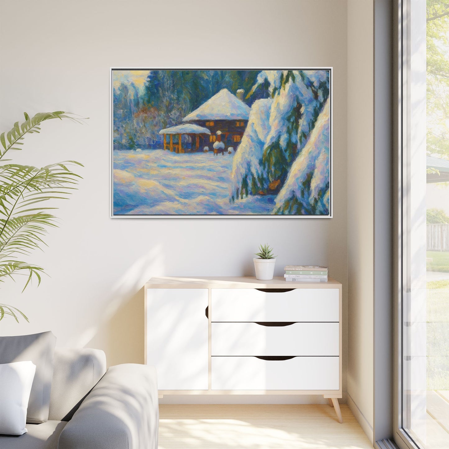 Framed matte canvas print of snowy cabin winter landscape wall art by Printify, showcasing a cozy cabin in a snow-covered forest scene.