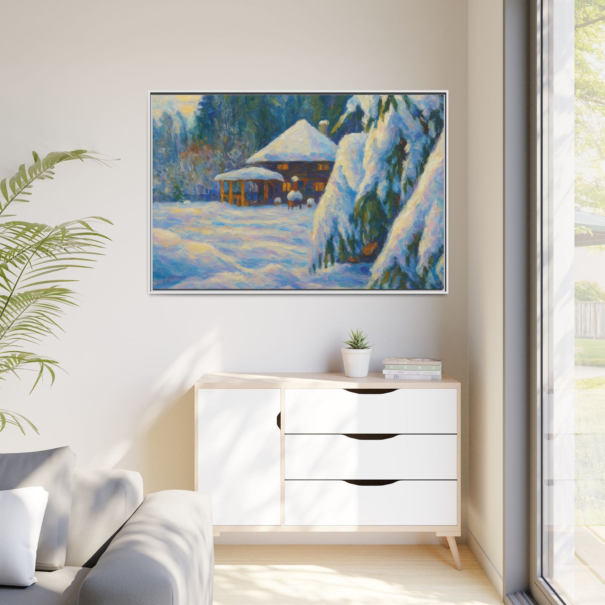 Framed matte canvas print of snowy cabin winter landscape wall art by Printify, showcasing a cozy cabin in a snow-covered forest scene.