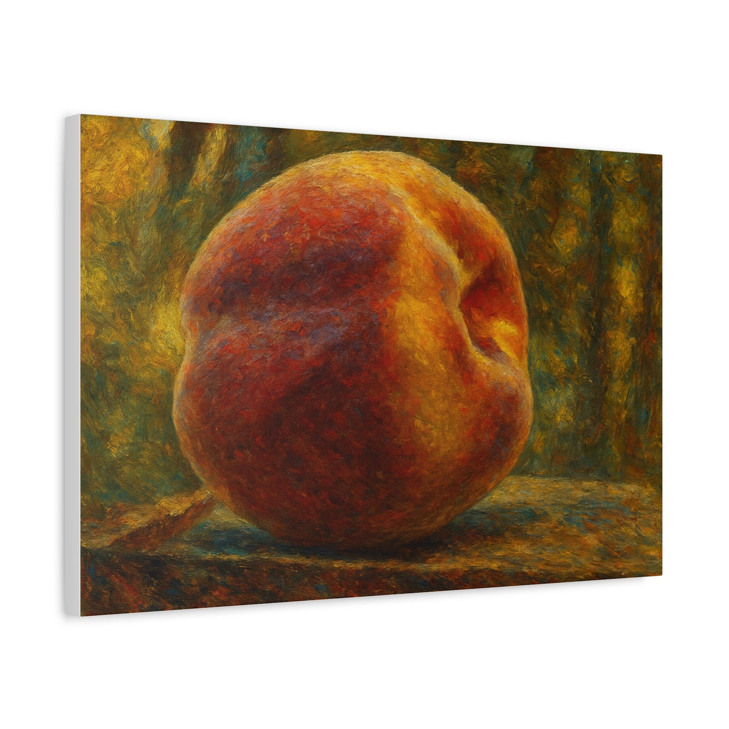 Peach still life matte canvas print by Printify, stretched 1.25-inch wall art featuring vibrant peach and floral details.