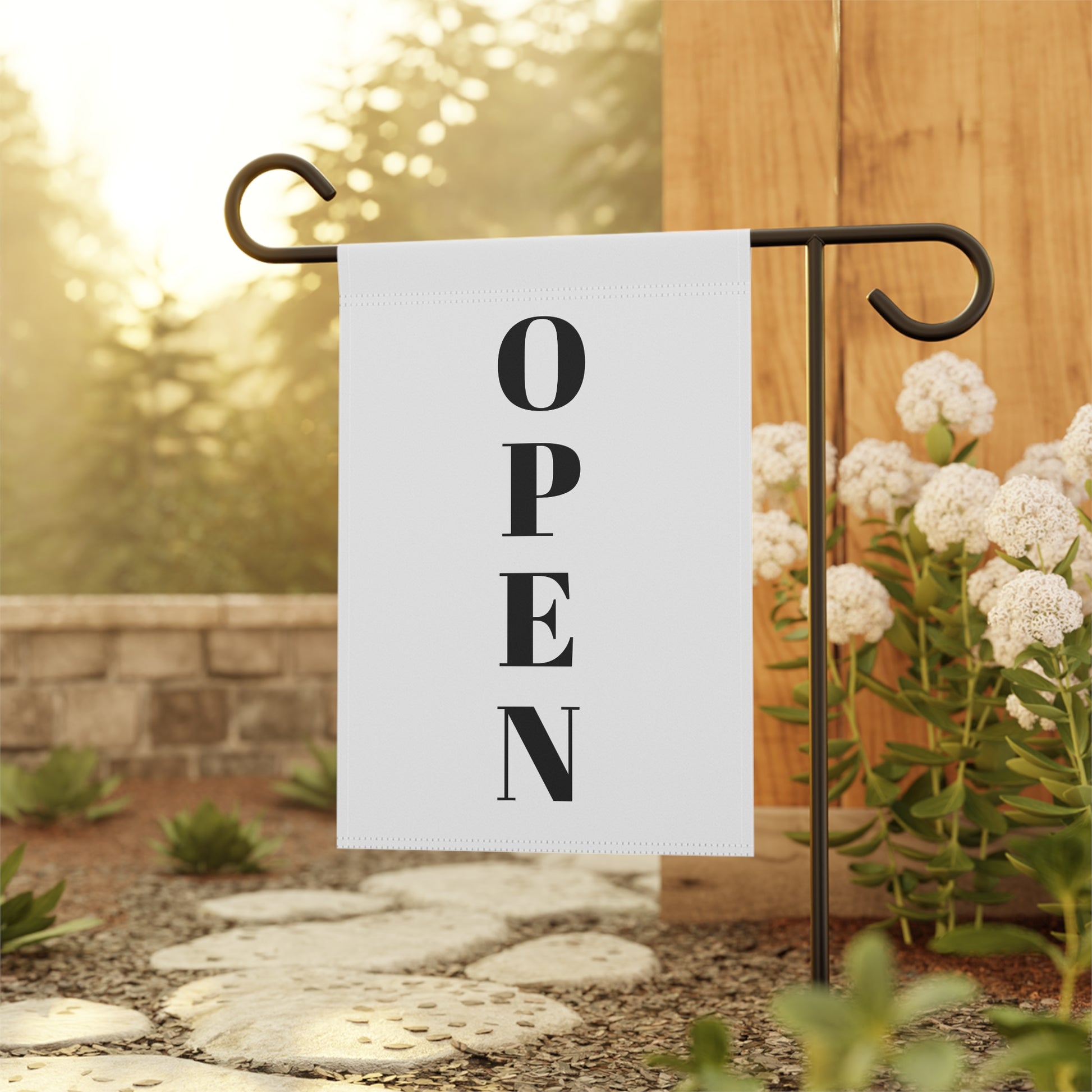 Open for Business garden flag and welcome yard sign, printed by Printify, with a colorful design for garden and house decor.