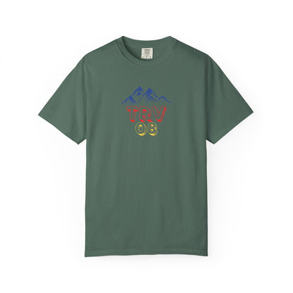 Unisex garment-dyed T-shirt with TRV08 Logo printed on front, casual style, soft fabric, by Printify.
