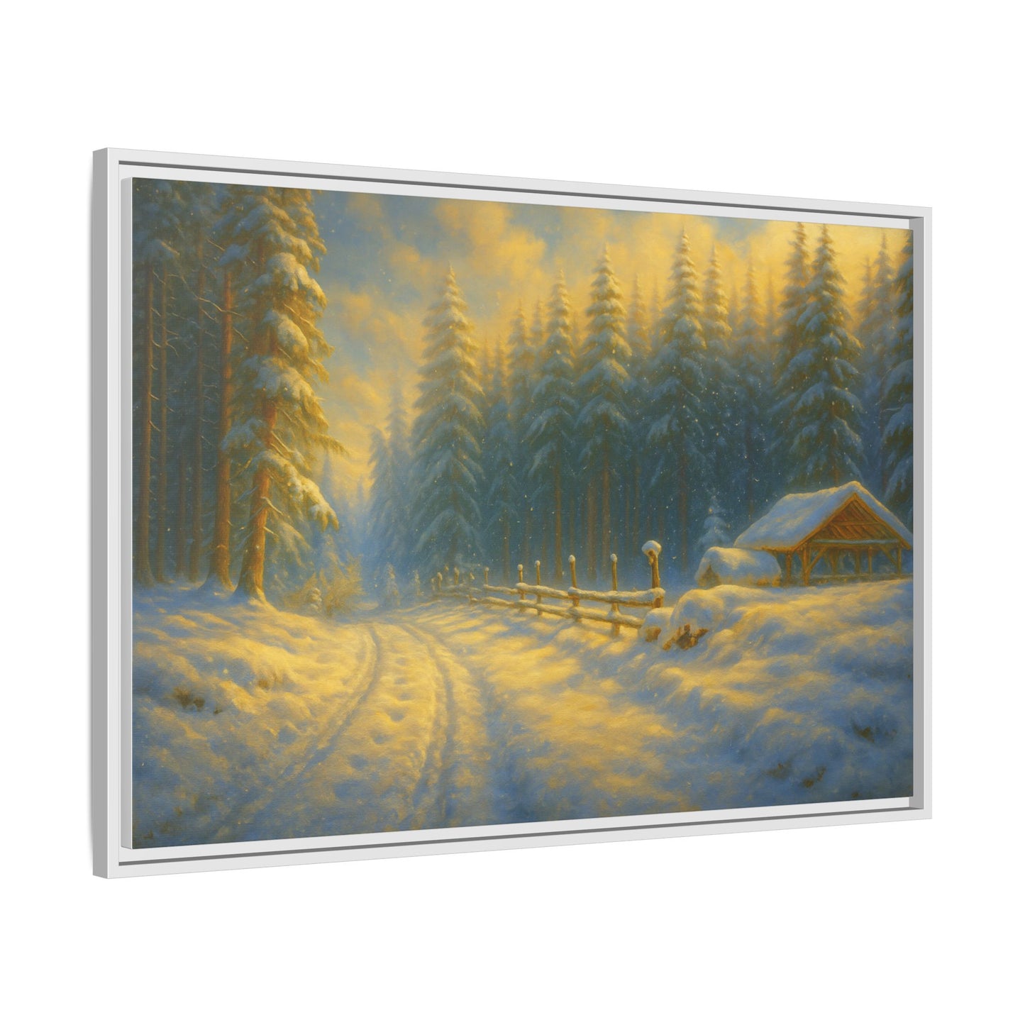 Framed winter cabin canvas print featuring a snowy forest sunset, wall art by Printify with vibrant winter landscape imagery.