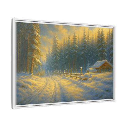 Framed winter cabin canvas print featuring a snowy forest sunset, wall art by Printify with vibrant winter landscape imagery.