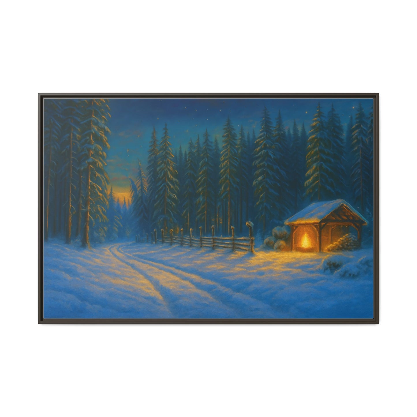 Cozy winter cabin matte framed canvas wall art featuring a snowy forest evening scene by Printify.