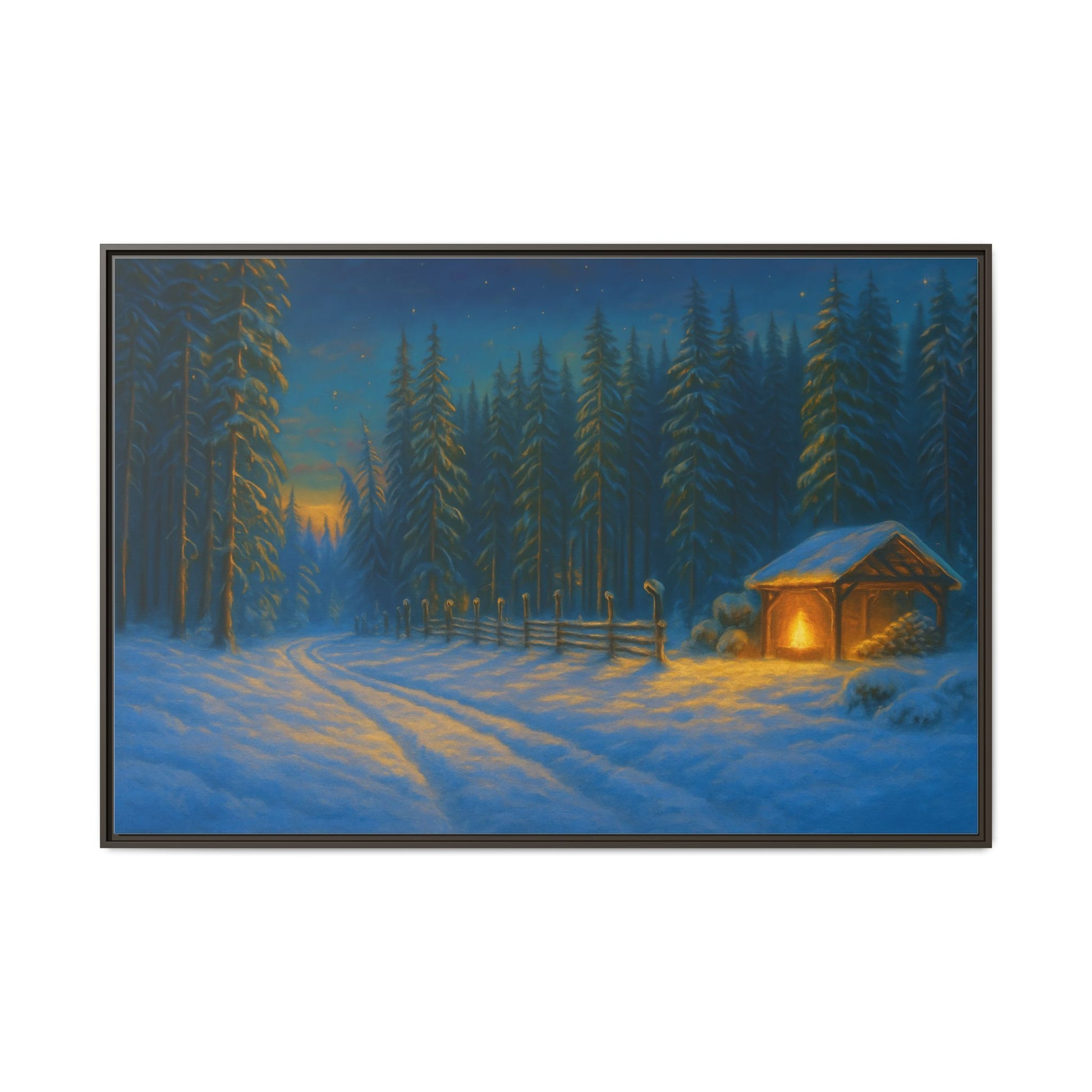 Cozy winter cabin matte framed canvas wall art featuring a snowy forest evening scene by Printify.