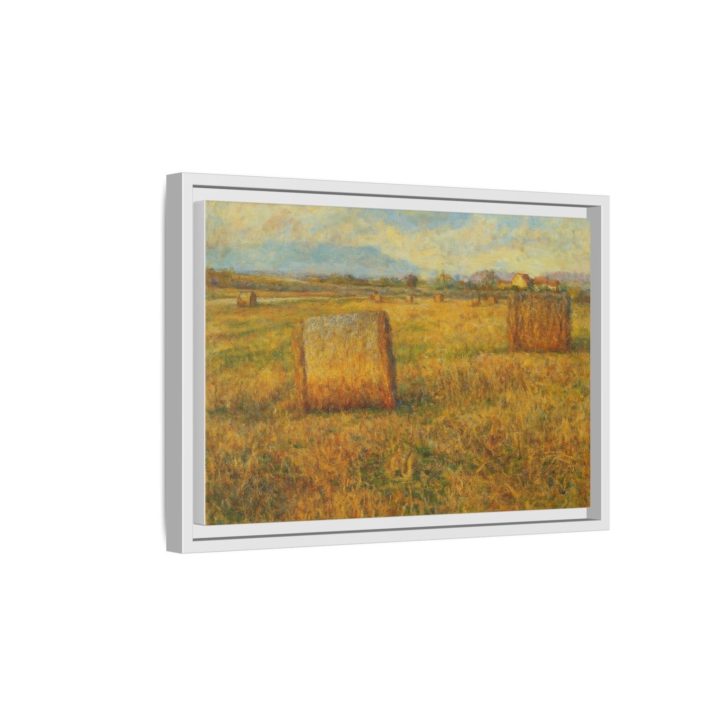 Framed matte canvas wall art featuring a rustic hayfield landscape print by Printify