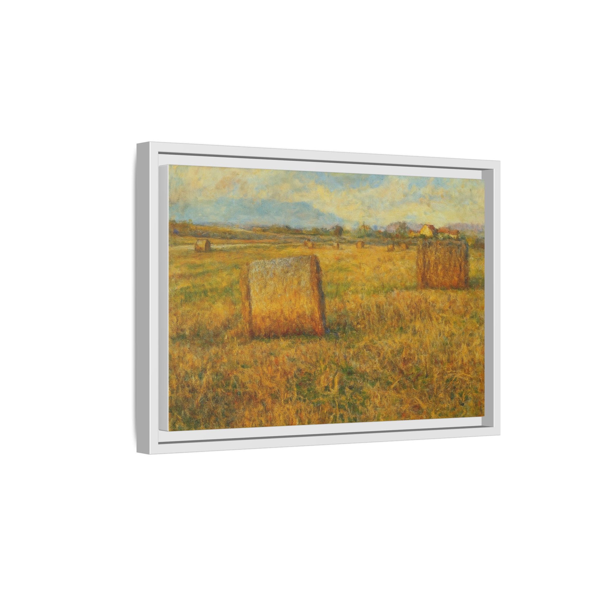 Framed matte canvas wall art featuring a rustic hayfield landscape print by Printify