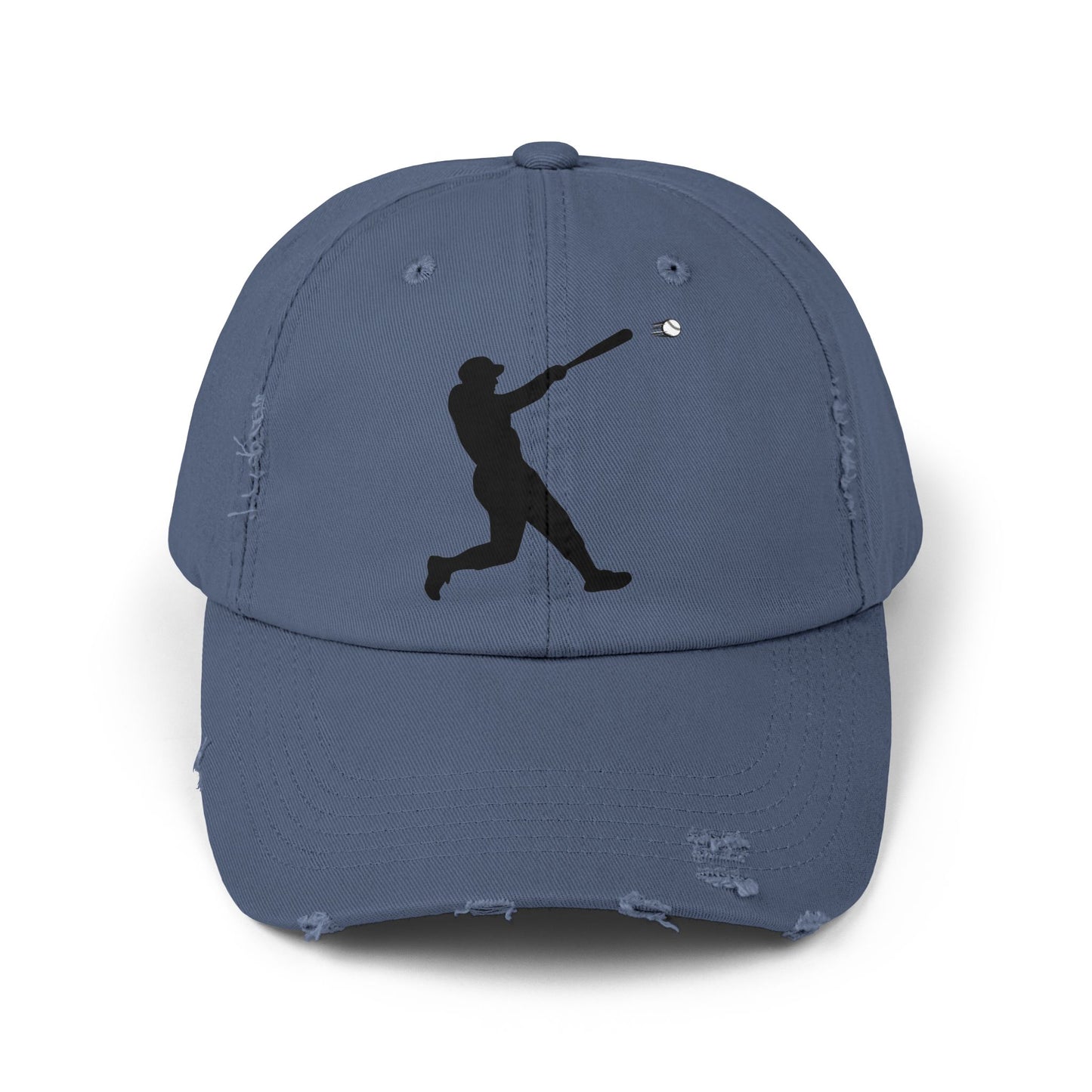 Distressed baseball cap with silhouette batter design, casual hat by Printify featuring a worn, vintage look.