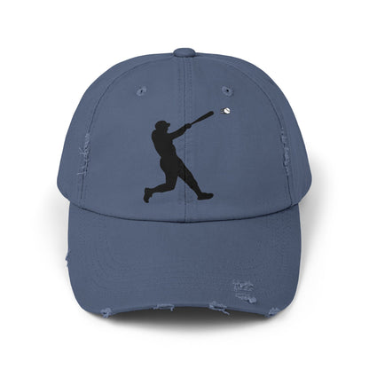 Distressed baseball cap with silhouette batter design, casual hat by Printify featuring a worn, vintage look.