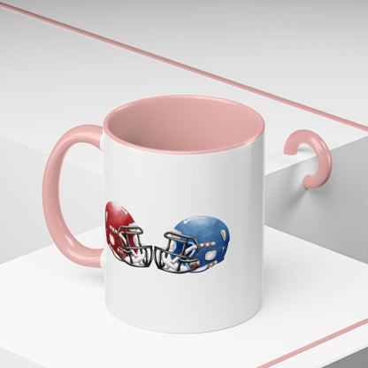 Football Helmet Coffee Mug — Red vs Blue Rivalry Accent Mug (11/15oz)