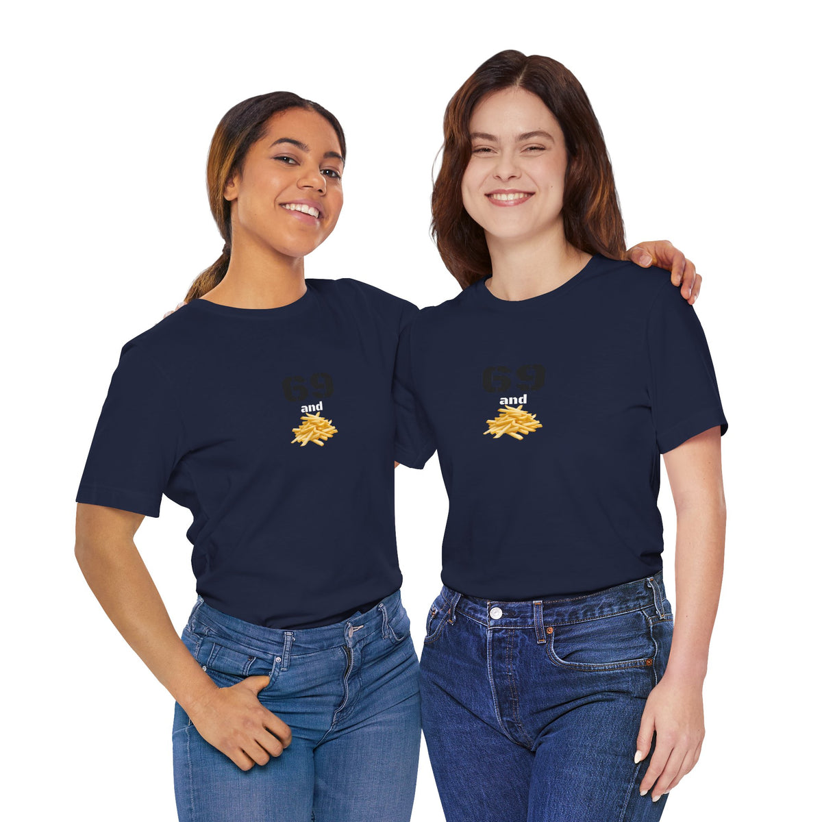 Unisex graphic T-shirt featuring a humorous 69 and French fries design in black and white, casual and quirky style.