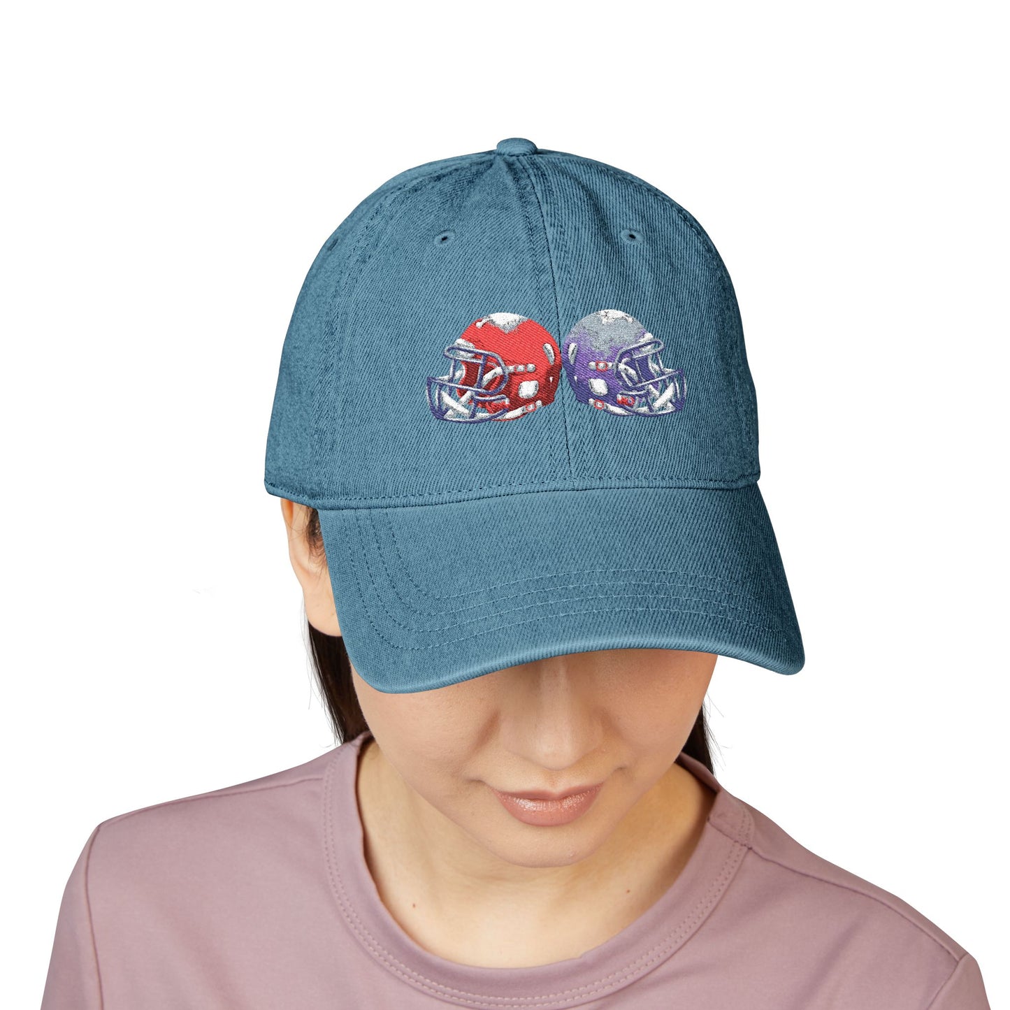 Red and blue embroidered football helmets denim hat, stylish team cap by Printify with detailed embroidery design.