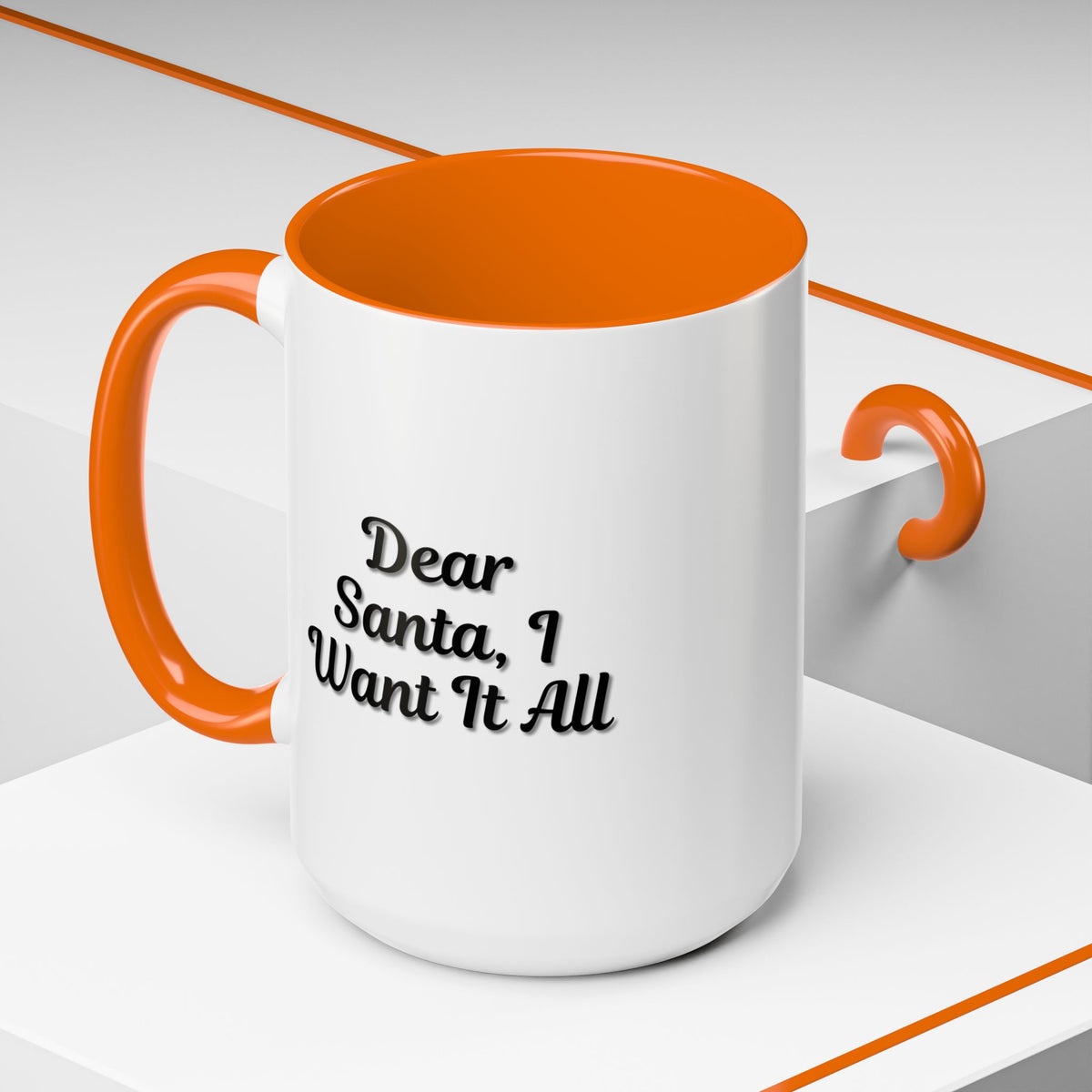 Printify holiday coffee mug with "Dear Santa I Want It All" slogan, festive Christmas design, perfect for holiday gift-giving.