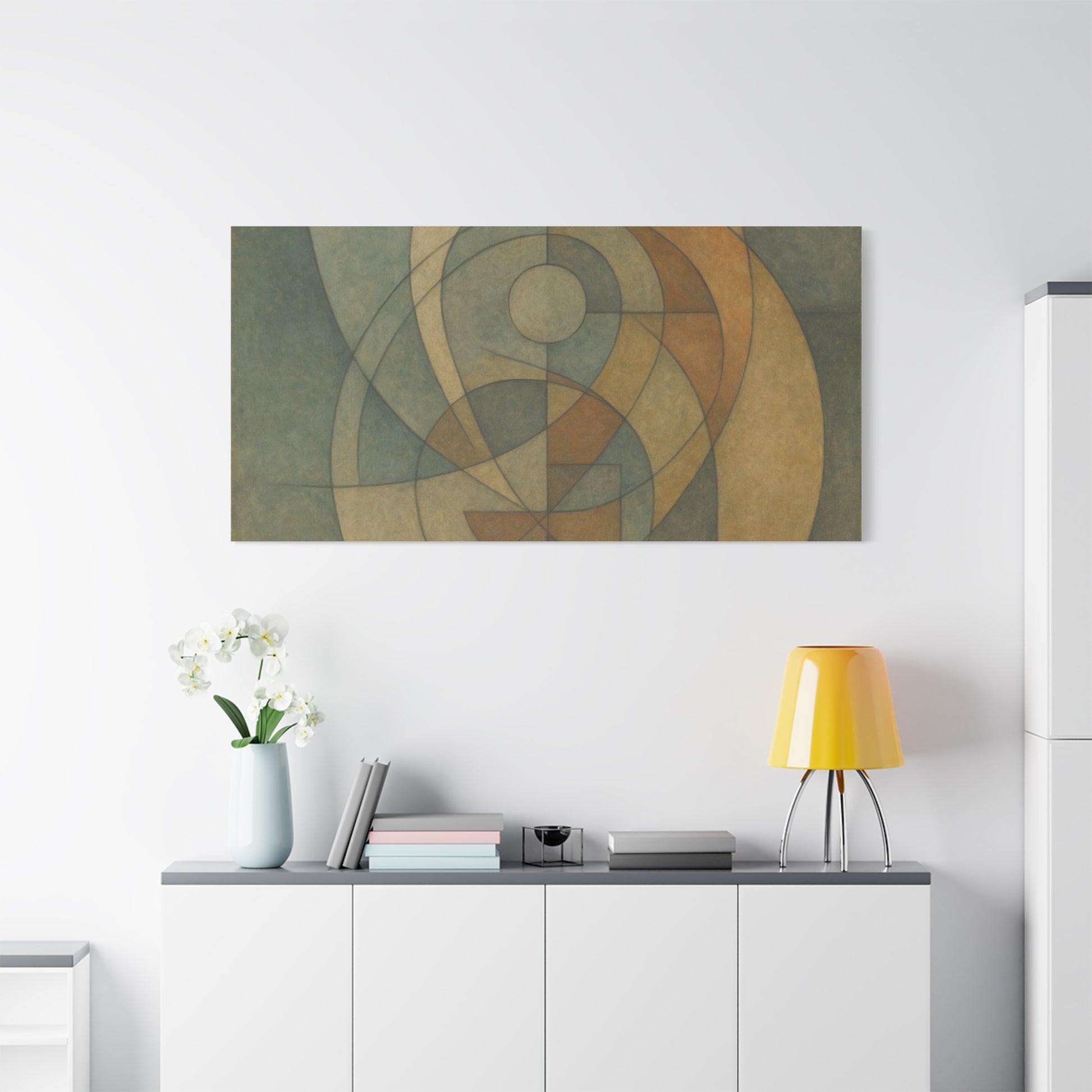 Abstract geometric circles on a matte canvas print by Printify, featuring modern design in vibrant colors.