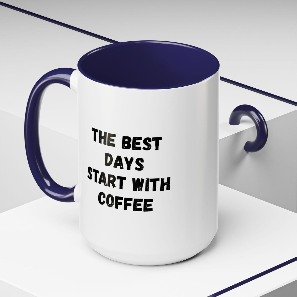 Ceramic coffee mug with "The Best Days Start With Coffee" quote, 11oz size, white with colorful lettering, by Printify.