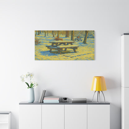 Winter picnic canvas print featuring a snow-covered park bench wall art by Printify on a durable canvas material.