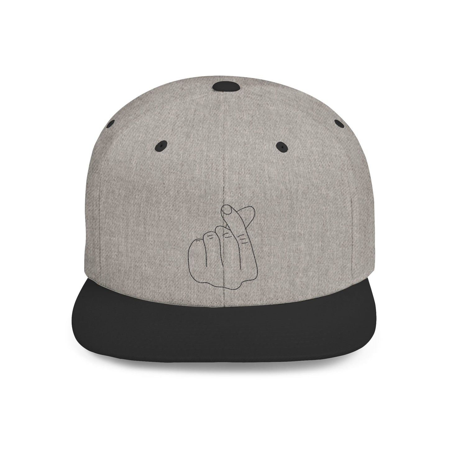 Minimalist hand gesture flat bill snapback hat by Printify, featuring a simple design and adjustable strap on the front.