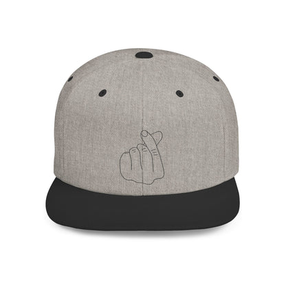 Minimalist hand gesture flat bill snapback hat by Printify, featuring a simple design and adjustable strap on the front.
