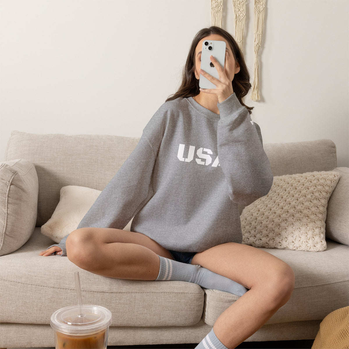 Printify USA crewneck sweatshirt featuring patriotic design, cozy fit, perfect for all seasons, casual and comfortable apparel.