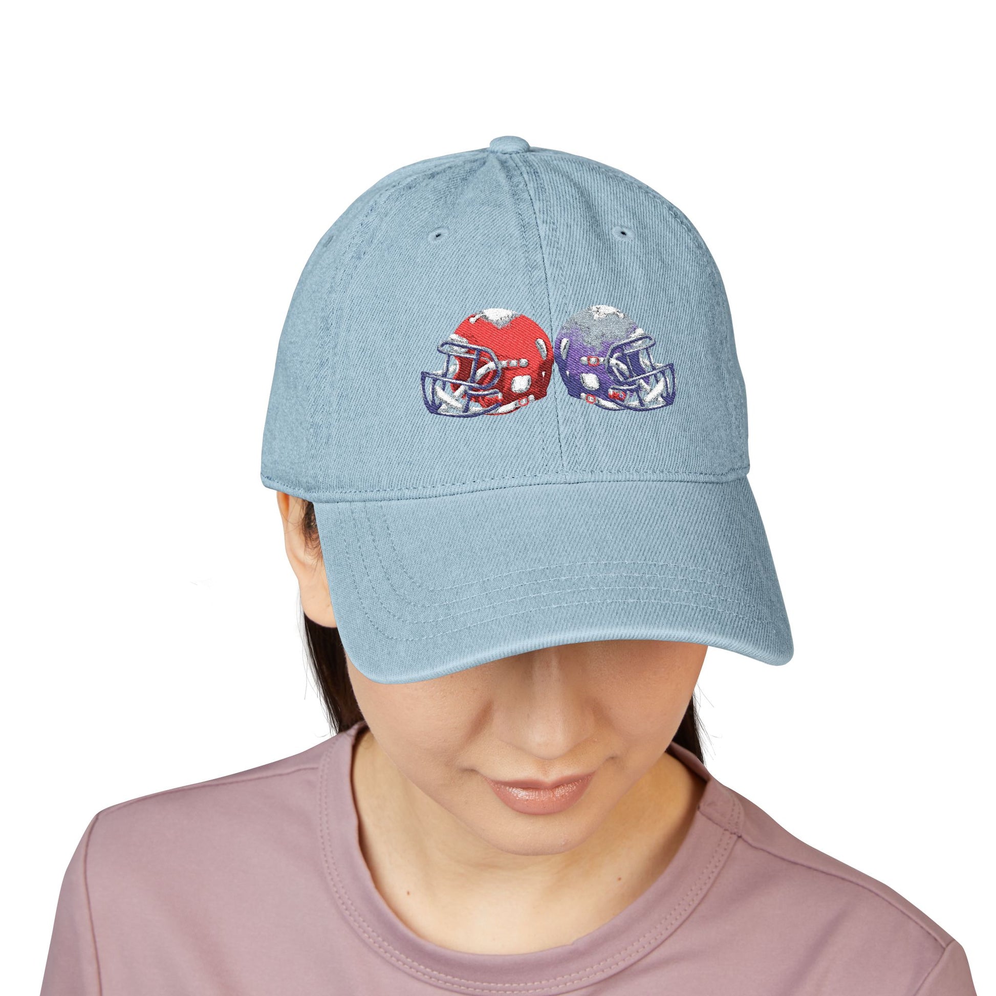 Red and blue embroidered football helmets denim hat by Printify, featuring team cap design on a casual hat style.