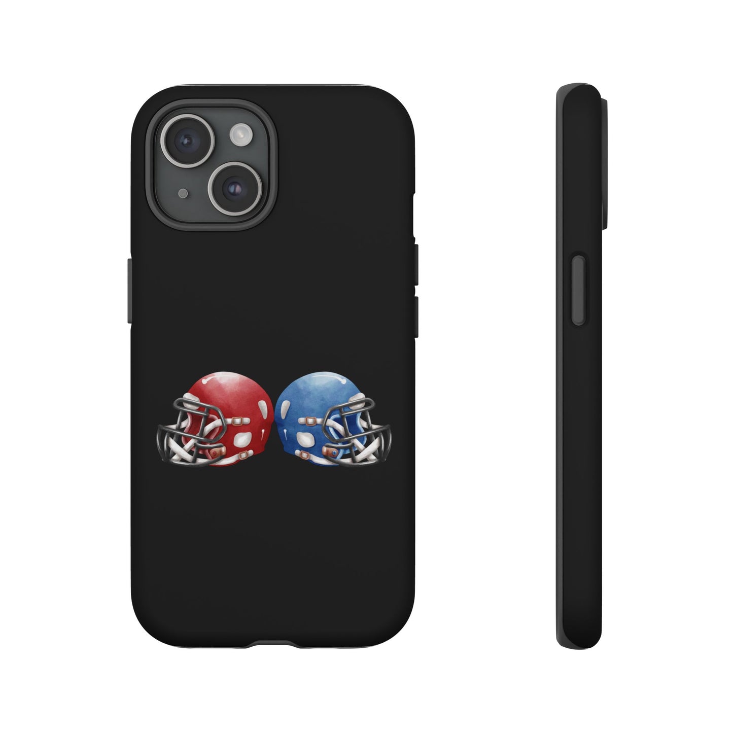 Red and blue football helmet tough phone case for iPhone by Printify, offering durable protection and sporty design.