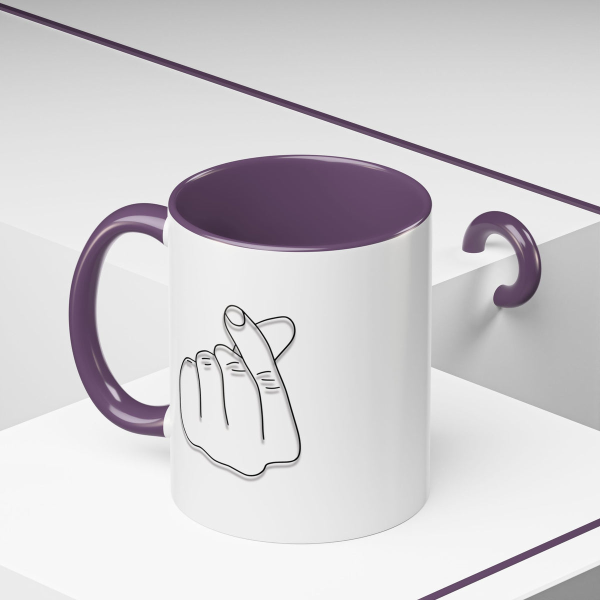 Minimal Korean finger heart accent mug by Printify, 11oz or 15oz ceramic coffee mug with simple heart design and clean style